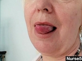 Big tits old lady in uniform fingers hairy pussy